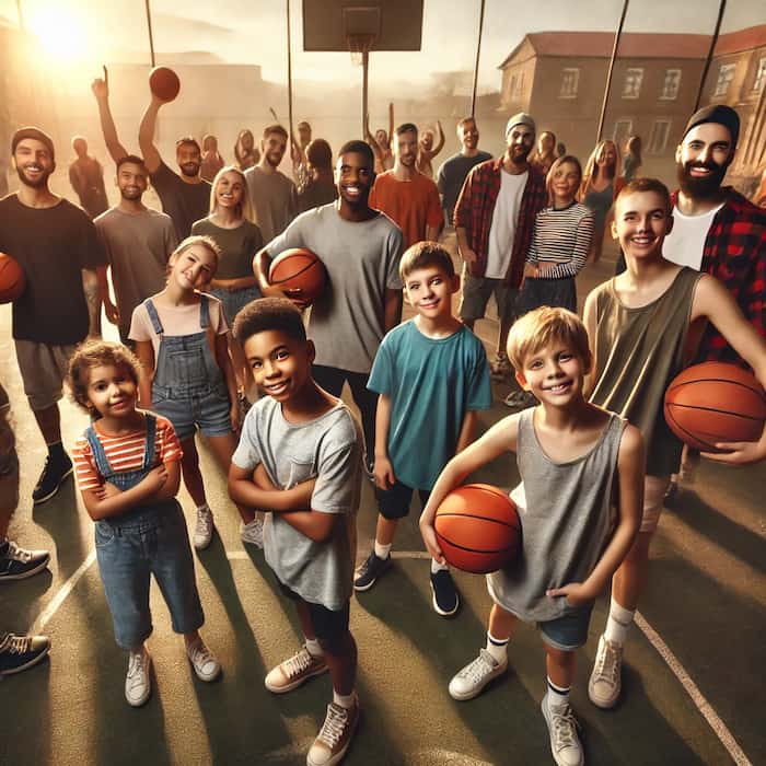 Groupe diversifié de joueurs de basketball célébrant sur un terrain