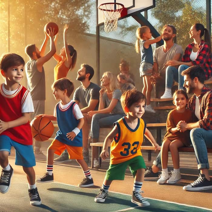 enfants et adolescents en tenue de sport, accompagnés de leurs parents