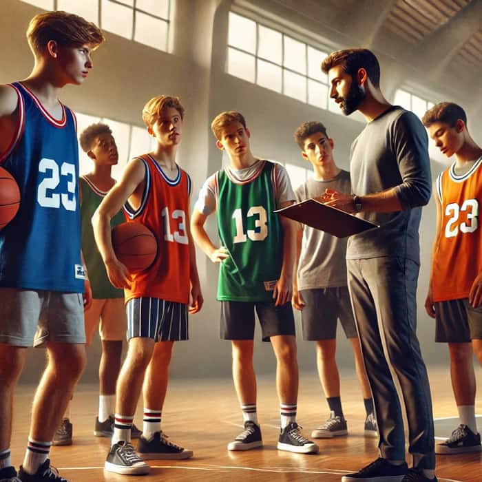 équipe masculine de basket avec son entraineur